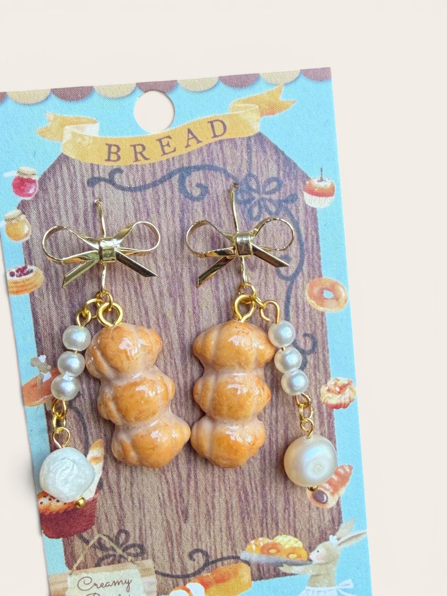 Butter Dinner Bread with Pearl Dangle Earrings 14k gold plated