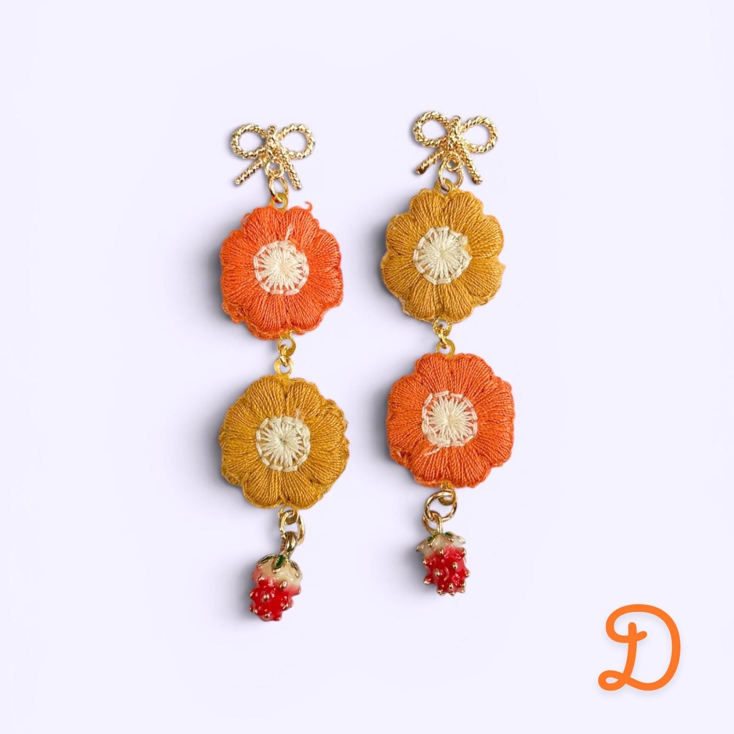 Embroidered Flower and Strawberry Dangle Earrings 14k gold plated