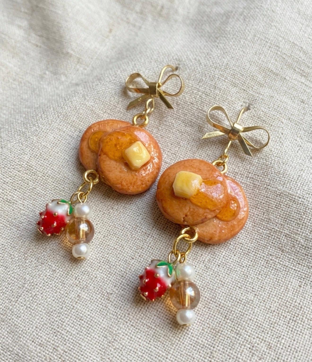 Pancake with Syrup and Strawberry Dangle Earrings 14k gold plated