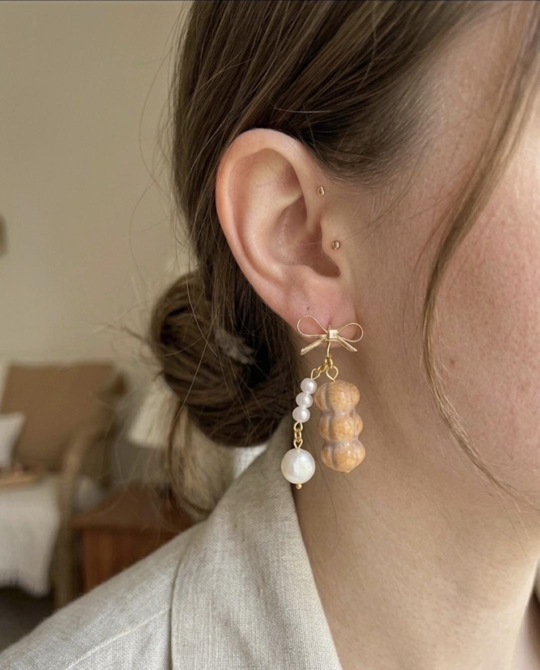 Butter Dinner Bread with Pearl Dangle Earrings 14k gold plated