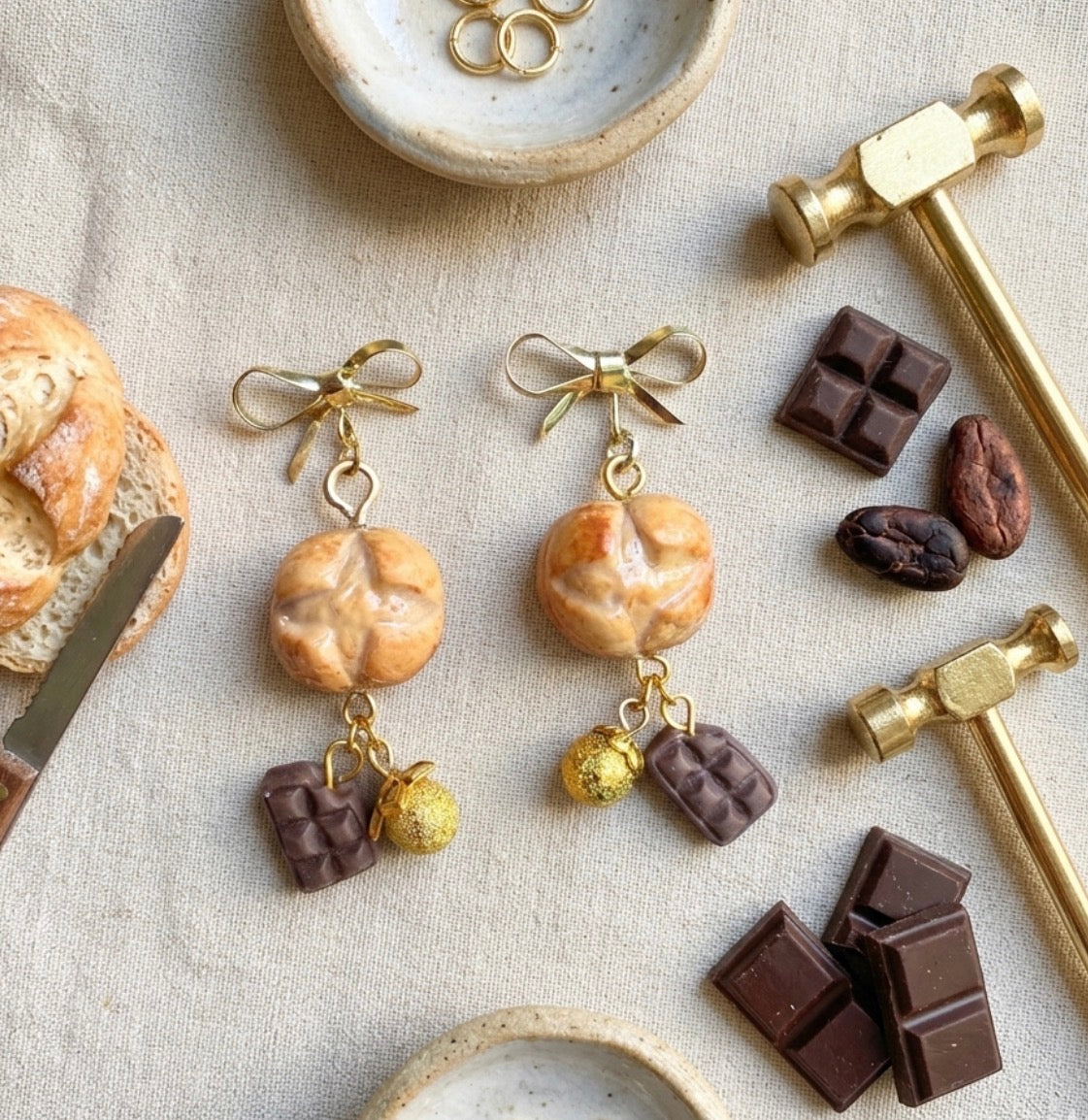 Artisan Boule Bread and Chocolate Dangle Earrings 14k gold plated