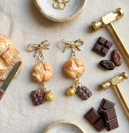 Artisan Boule Bread and Chocolate Dangle Earrings 14k gold plated