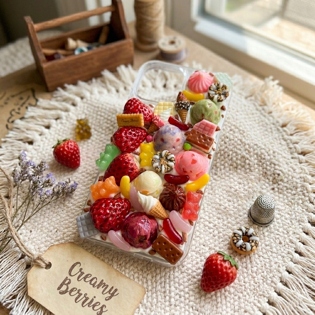 The Sweetest Spot in the Field: Ice Cream & Strawberries design decoden Phone Case. iPhone, Samsung Galaxy, Google Pixel