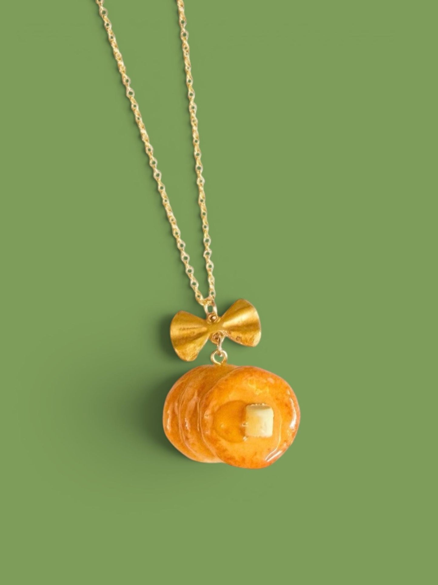 Hand-sculpted Pancake Necklace with Butter and Syrup: 18K Gold-Filled Chain
