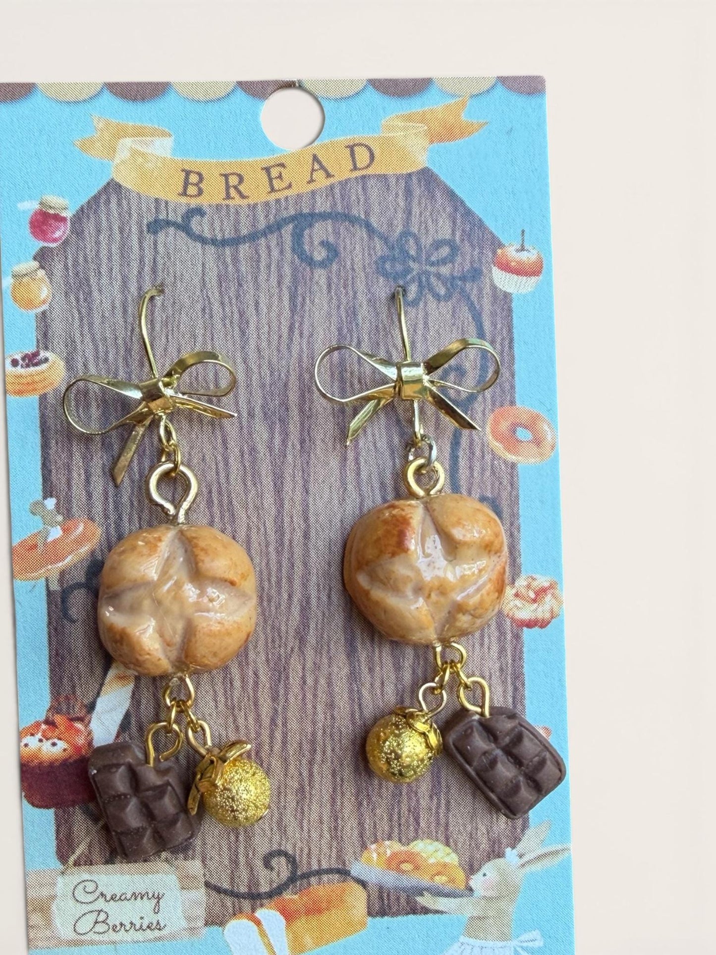 Artisan Boule Bread and Chocolate Dangle Earrings 4k gold plated