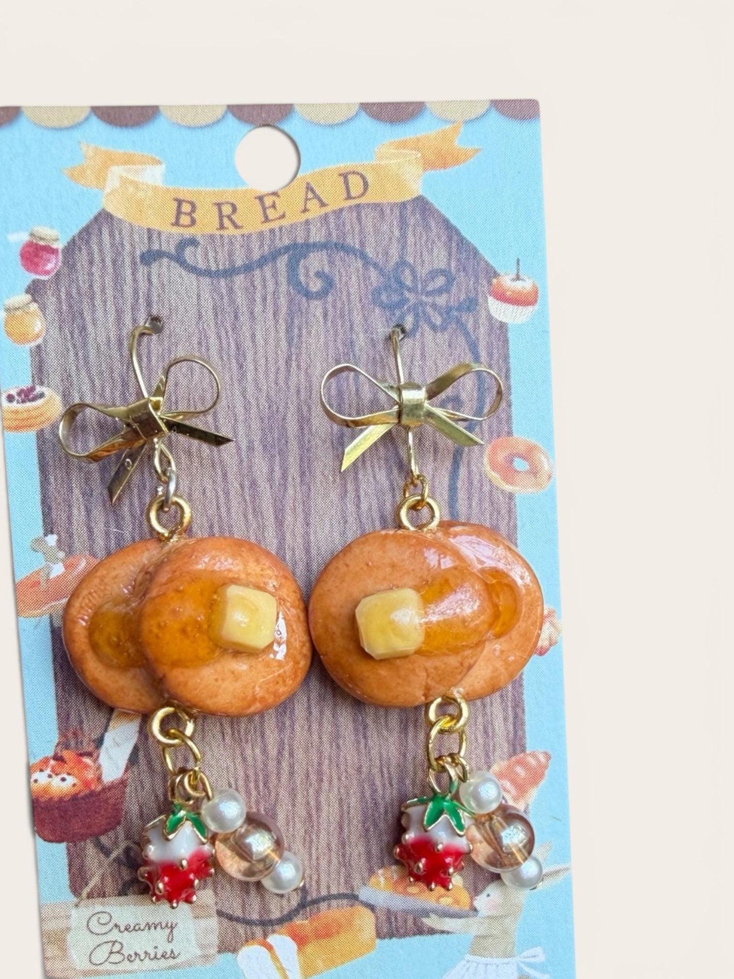 Pancake with Syrup and Strawberry Dangle Earrings 14k gold plated