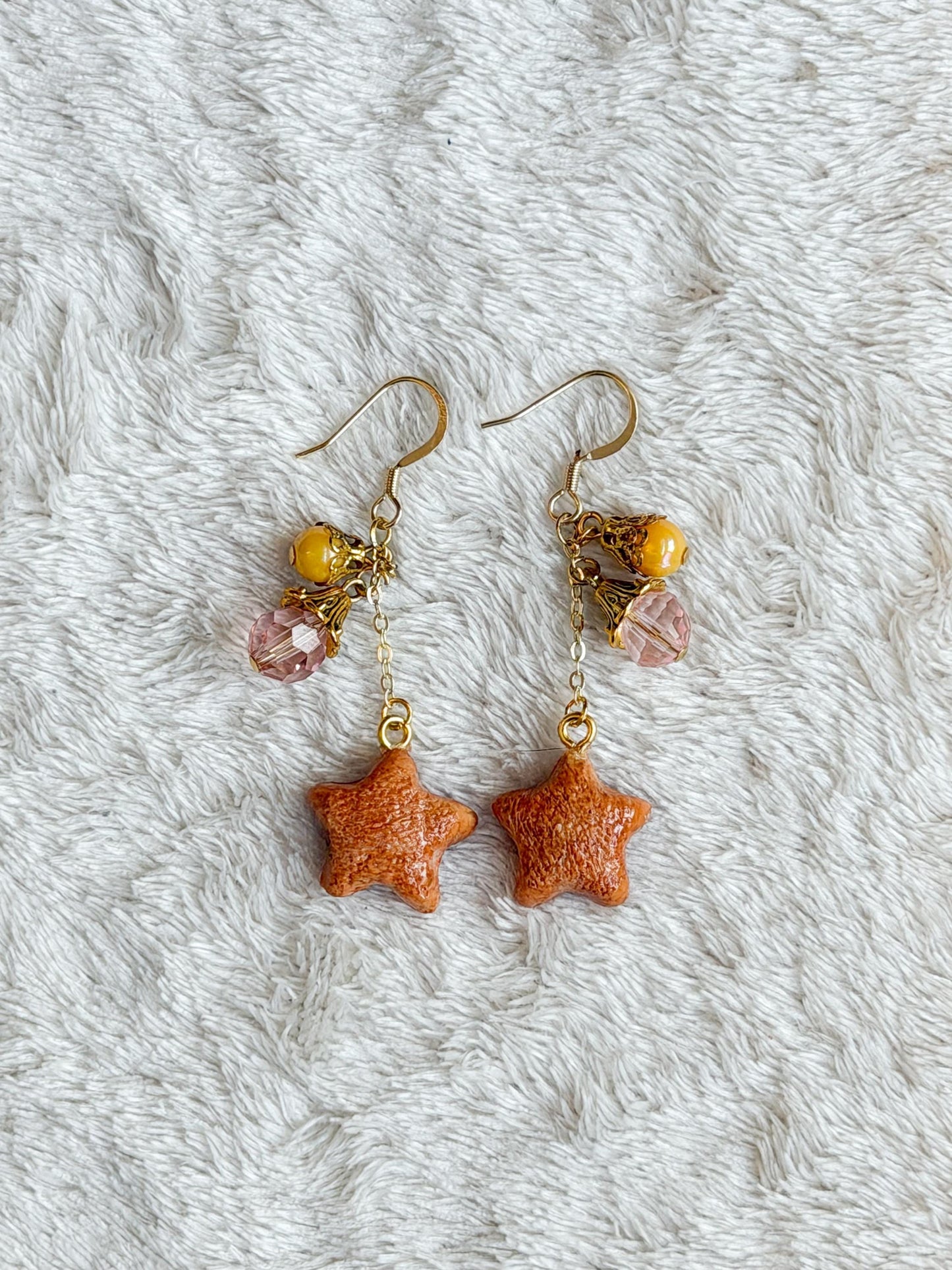 Star Cookie Dangle Earrings with Elegant Faceted Beads 14k gold plated