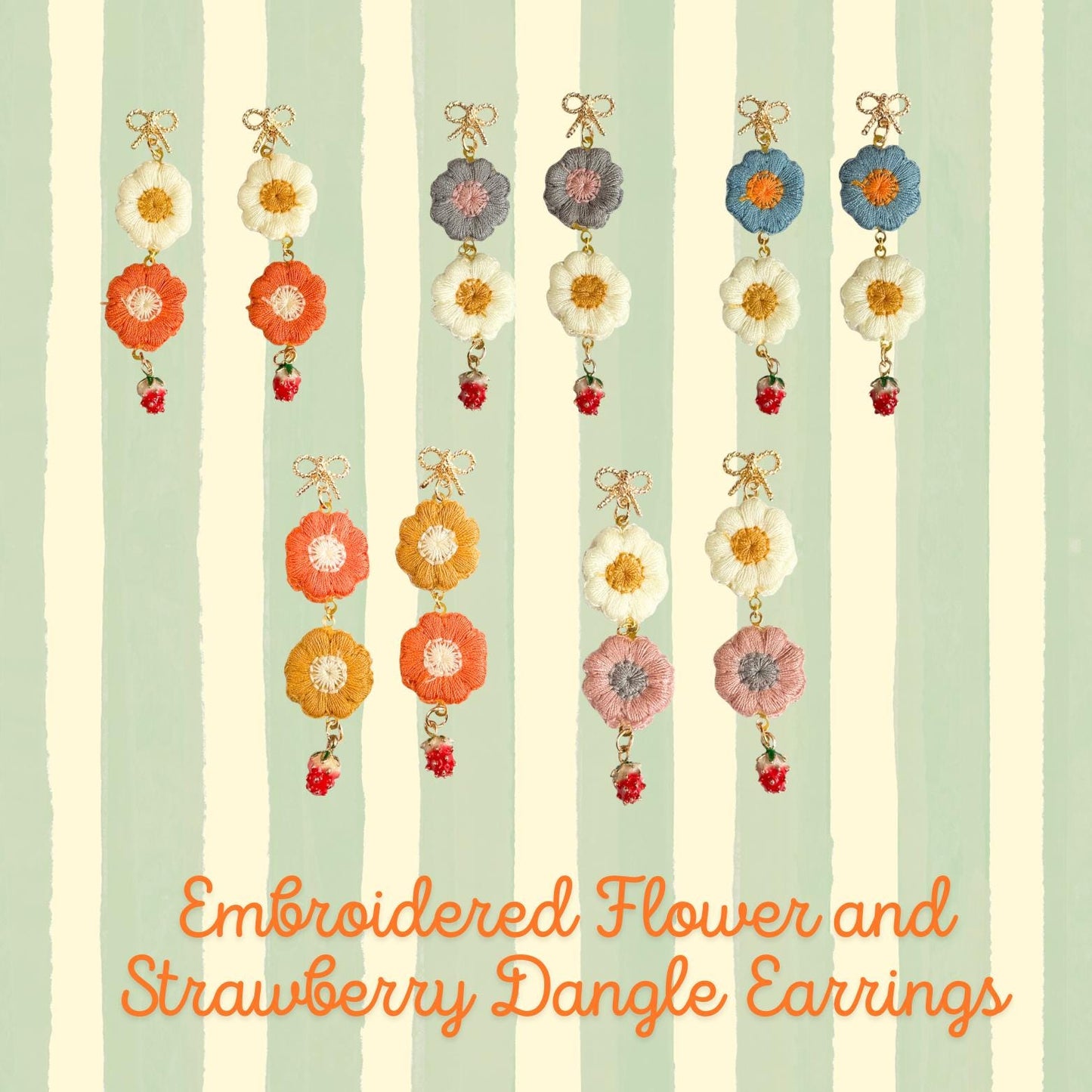 Embroidered Flower and Strawberry Dangle Earrings 14k gold plated