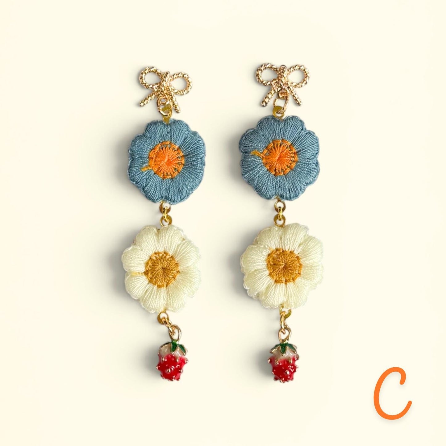 Embroidered Flower and Strawberry Dangle Earrings 14k gold plated