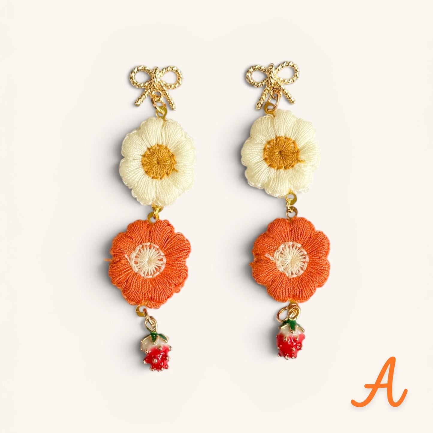 Embroidered Flower and Strawberry Dangle Earrings 14k gold plated