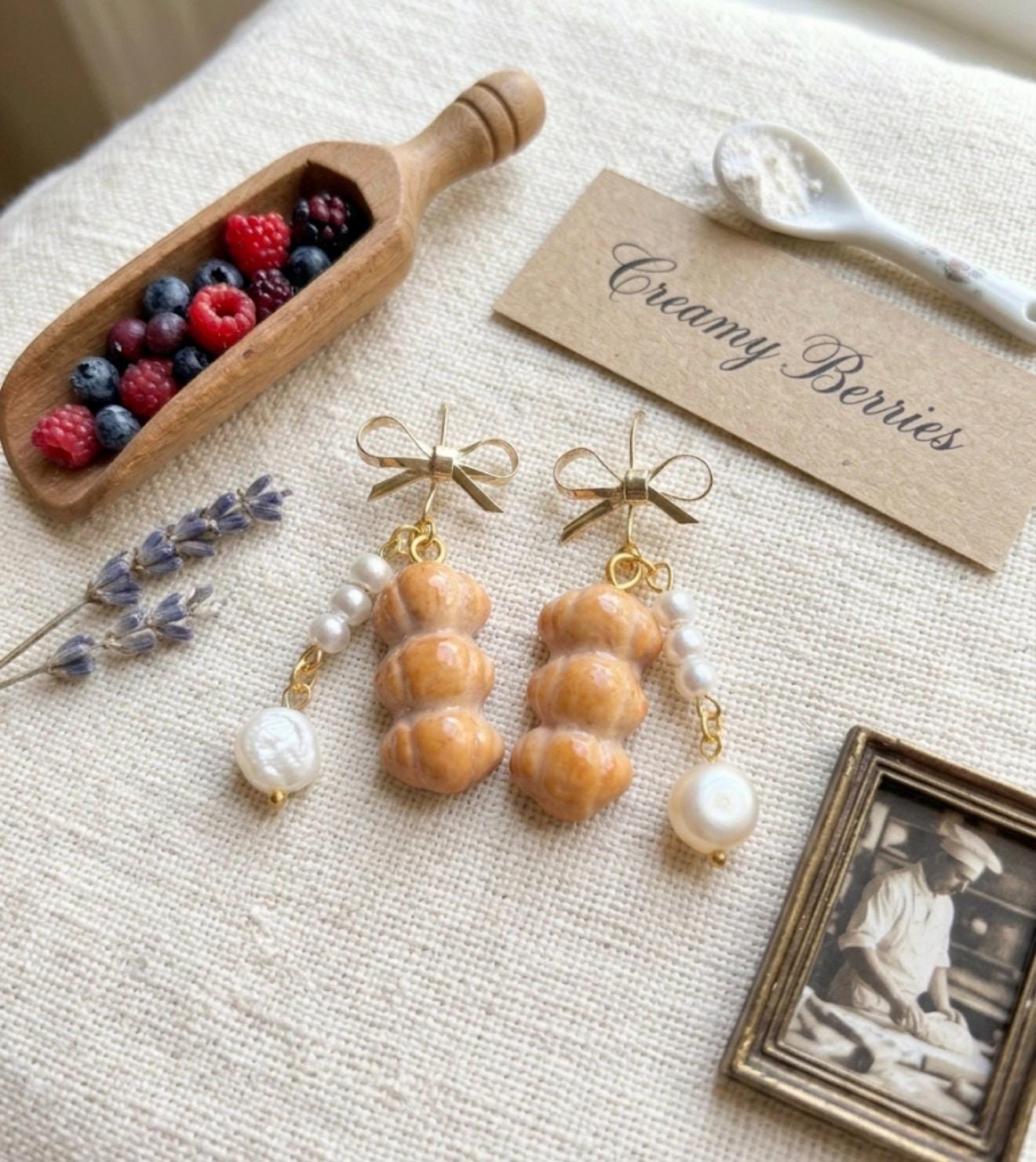 Butter Dinner Bread with Pearl Dangle Earrings 14k gold plated
