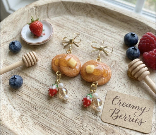 Pancake with Syrup and Strawberry Dangle Earrings 14k gold plated