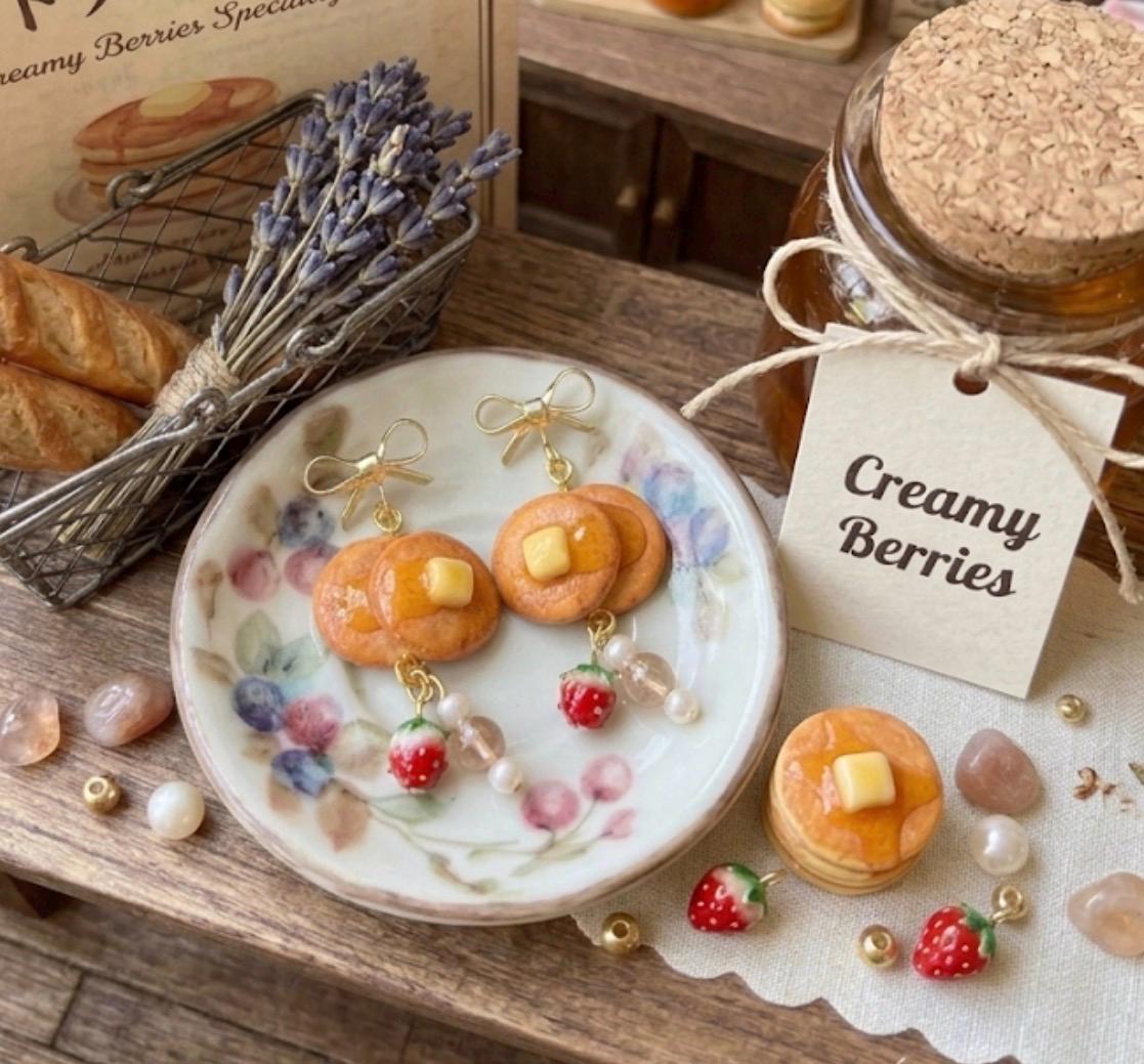 Pancake with Syrup and Strawberry Dangle Earrings 14k gold plated