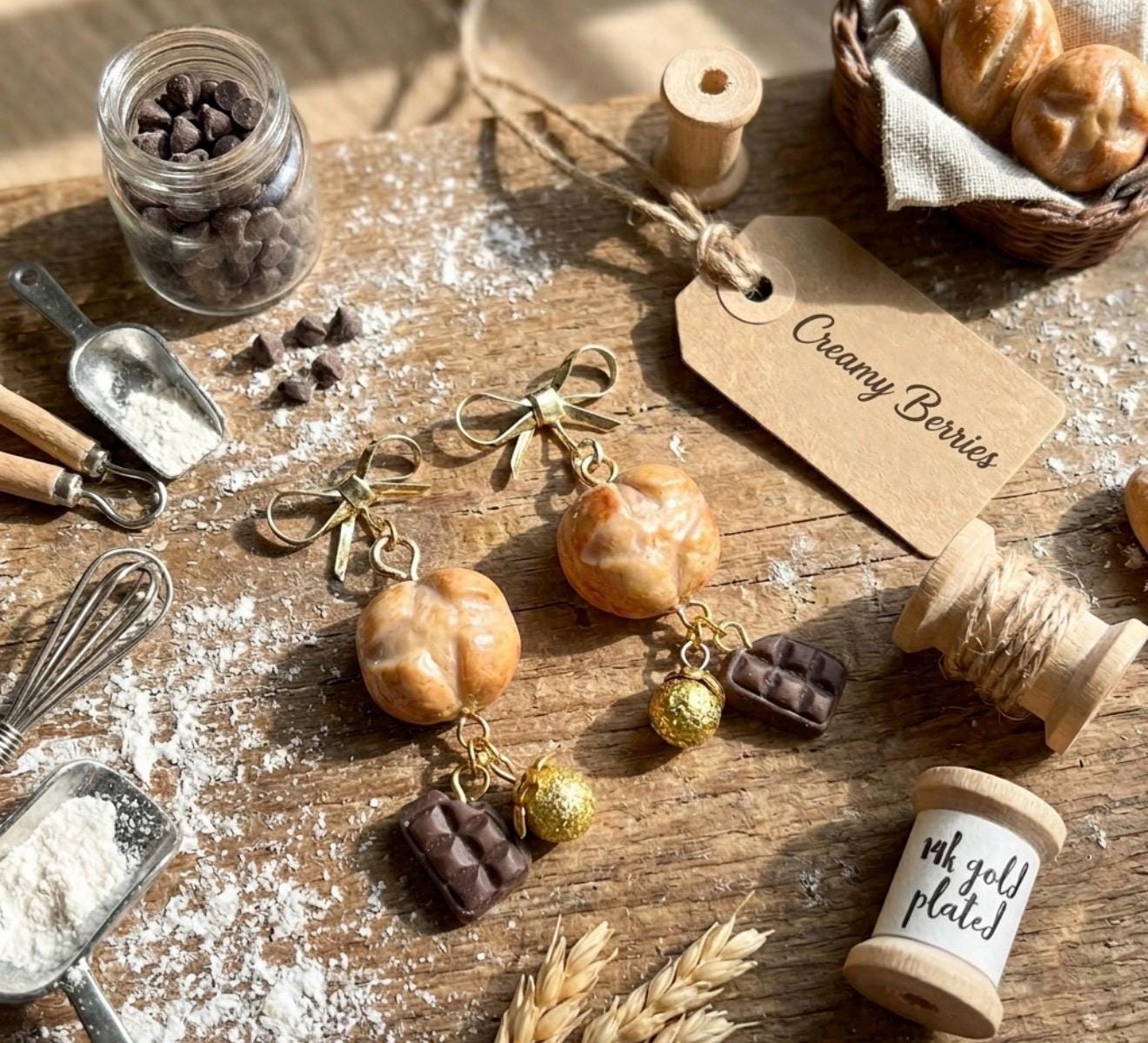 Artisan Boule Bread and Chocolate Dangle Earrings 14k gold plated