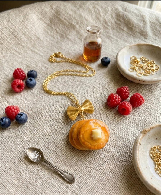 Hand-sculpted Pancake Necklace with Butter and Syrup: 18K Gold-Filled Chain