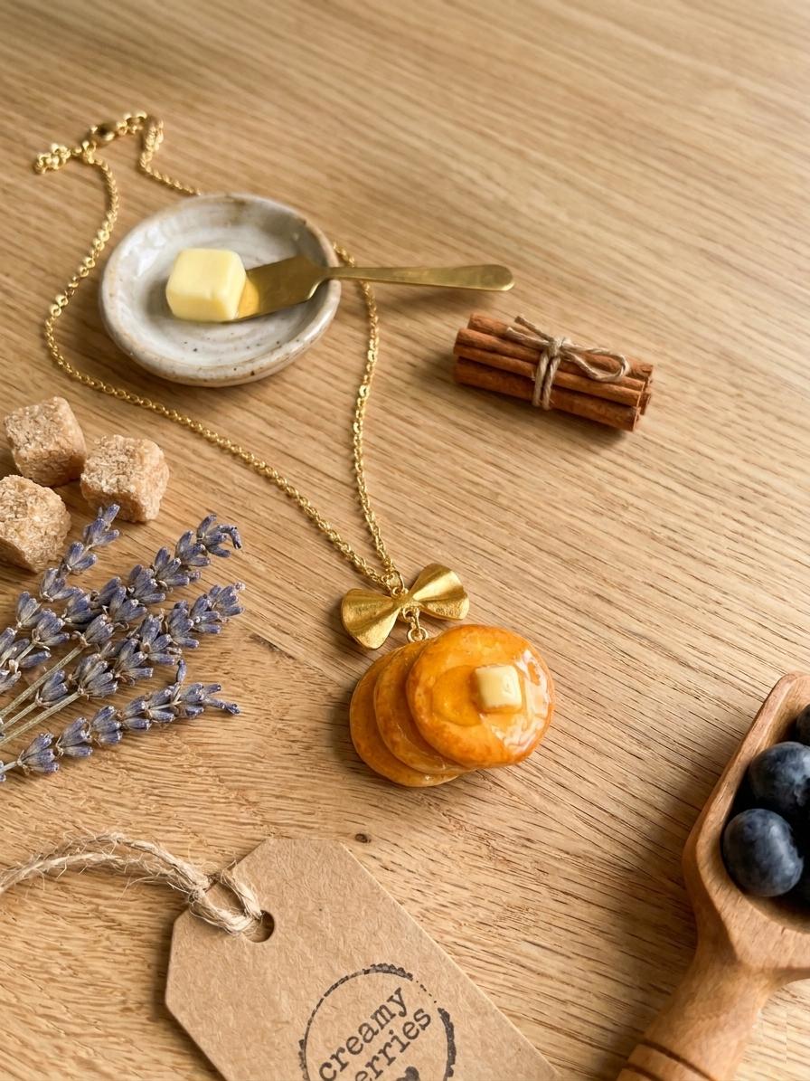 Hand-sculpted Pancake Necklace with Butter and Syrup: 18K Gold-Filled Chain