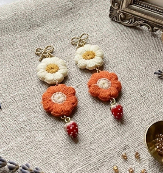 Embroidered Flower and Strawberry Dangle Earrings 14k gold plated