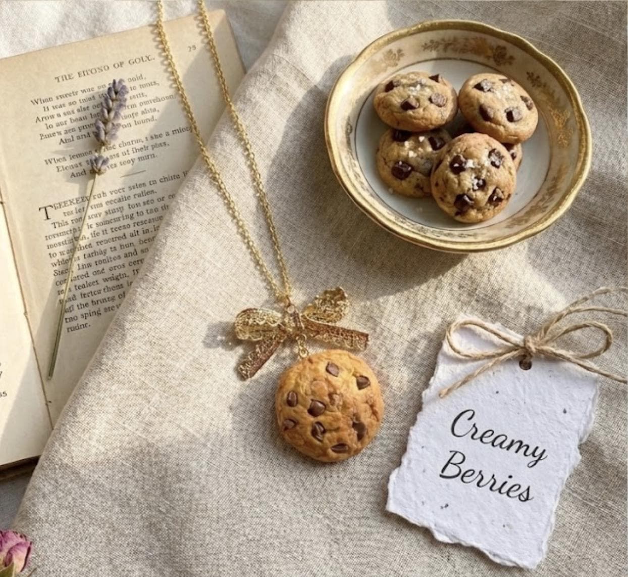 Chocochip Cookie Lace Bow 18k Gold Filled Necklace