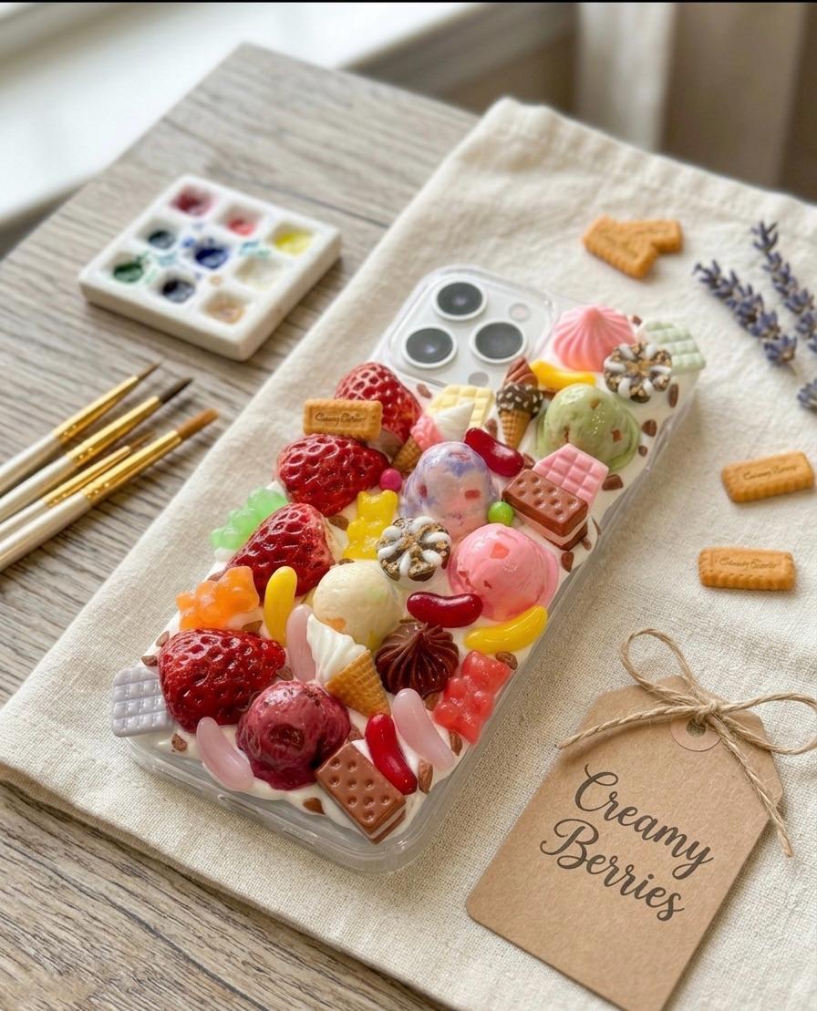 The Sweetest Spot in the Field: Ice Cream & Strawberries design decoden Phone Case. iPhone, Samsung Galaxy, Google Pixel