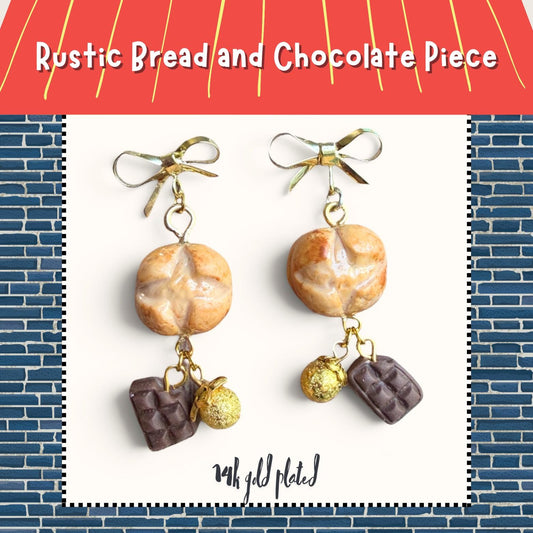Artisan Boule Bread and Chocolate Dangle Earrings 4k gold plated