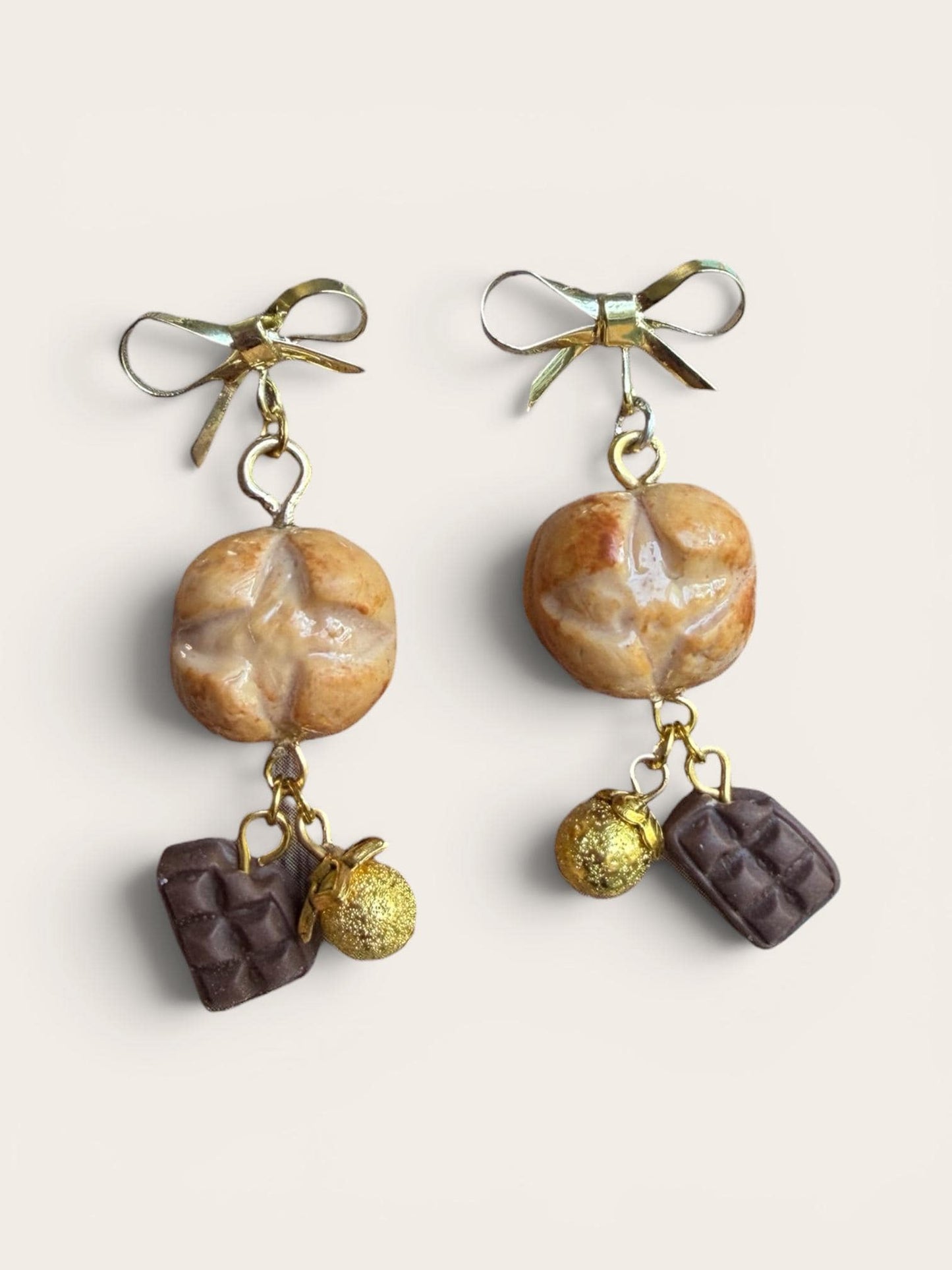 Artisan Boule Bread and Chocolate Dangle Earrings 4k gold plated