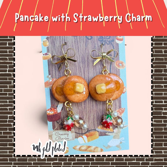 Pancake with Syrup and Strawberry Dangle Earrings 14k gold plated