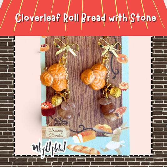 Cloverleaf Roll Bread with Stone Dangle Earrings 14k gold plated
