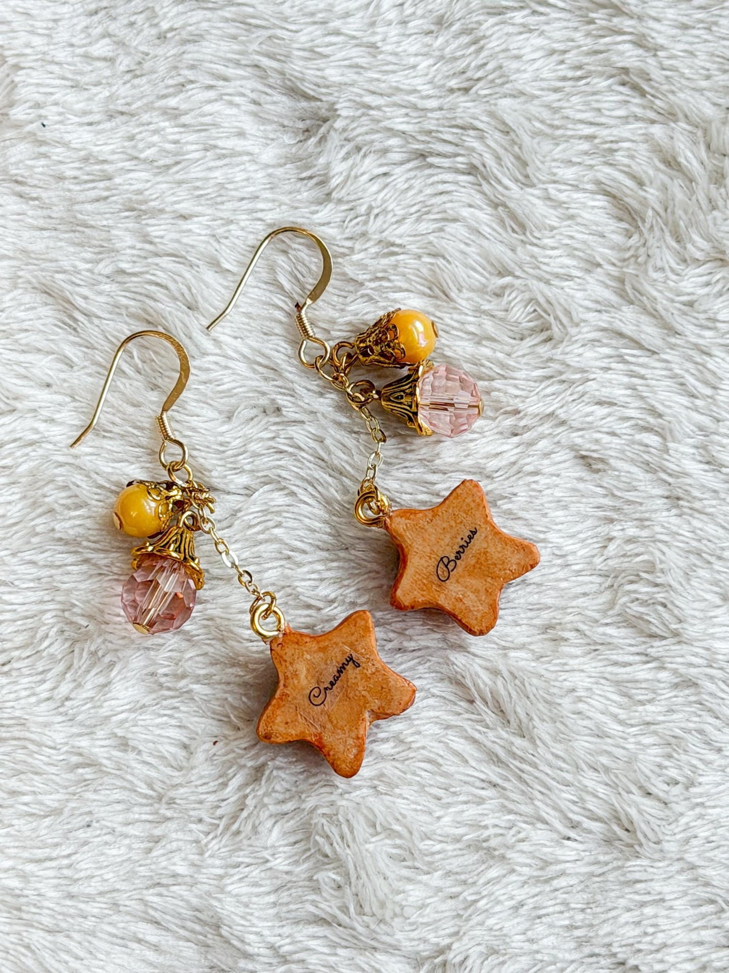 Star Cookie Dangle Earrings with Elegant Faceted Beads 14k gold plated