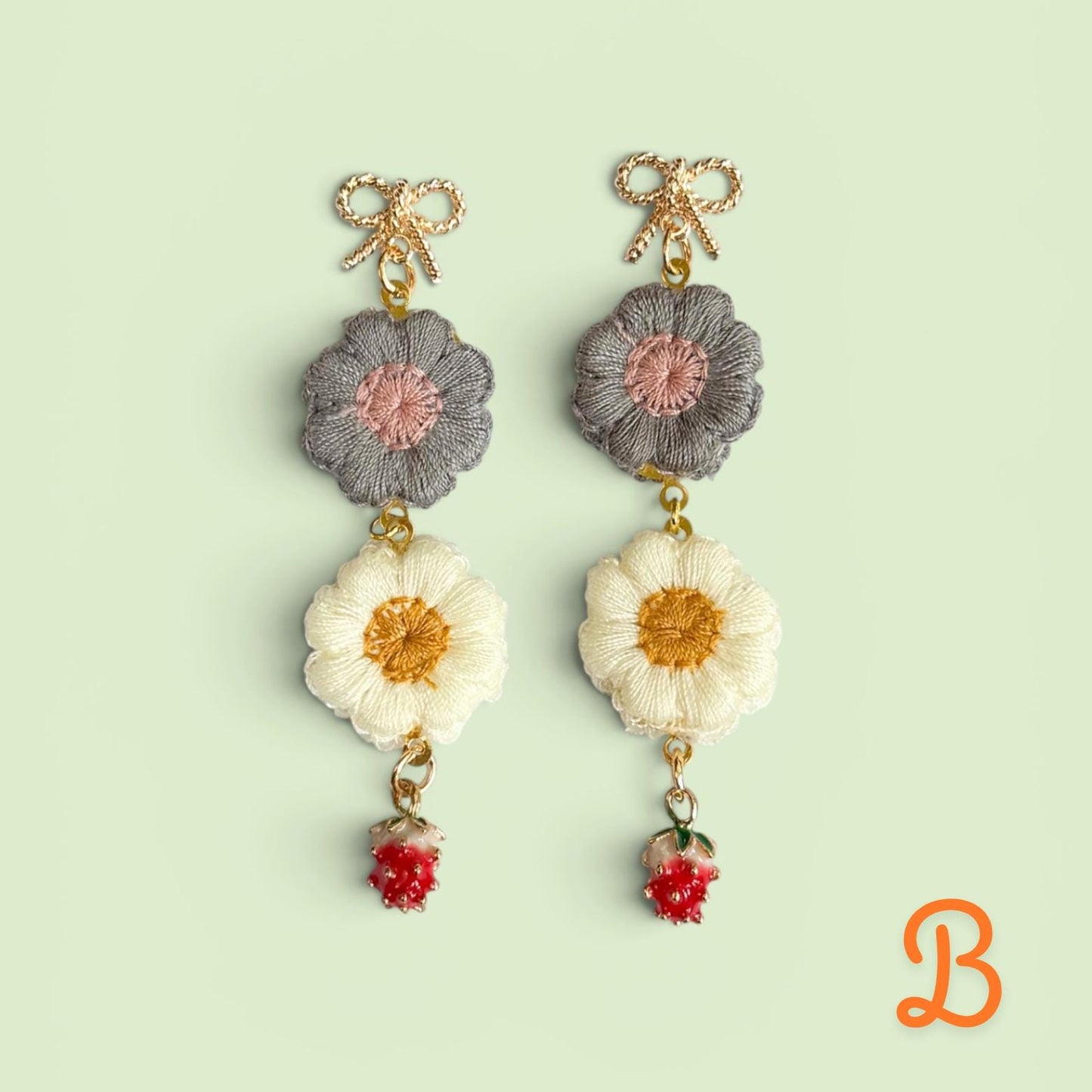 Embroidered Flower and Strawberry Dangle Earrings 14k gold plated