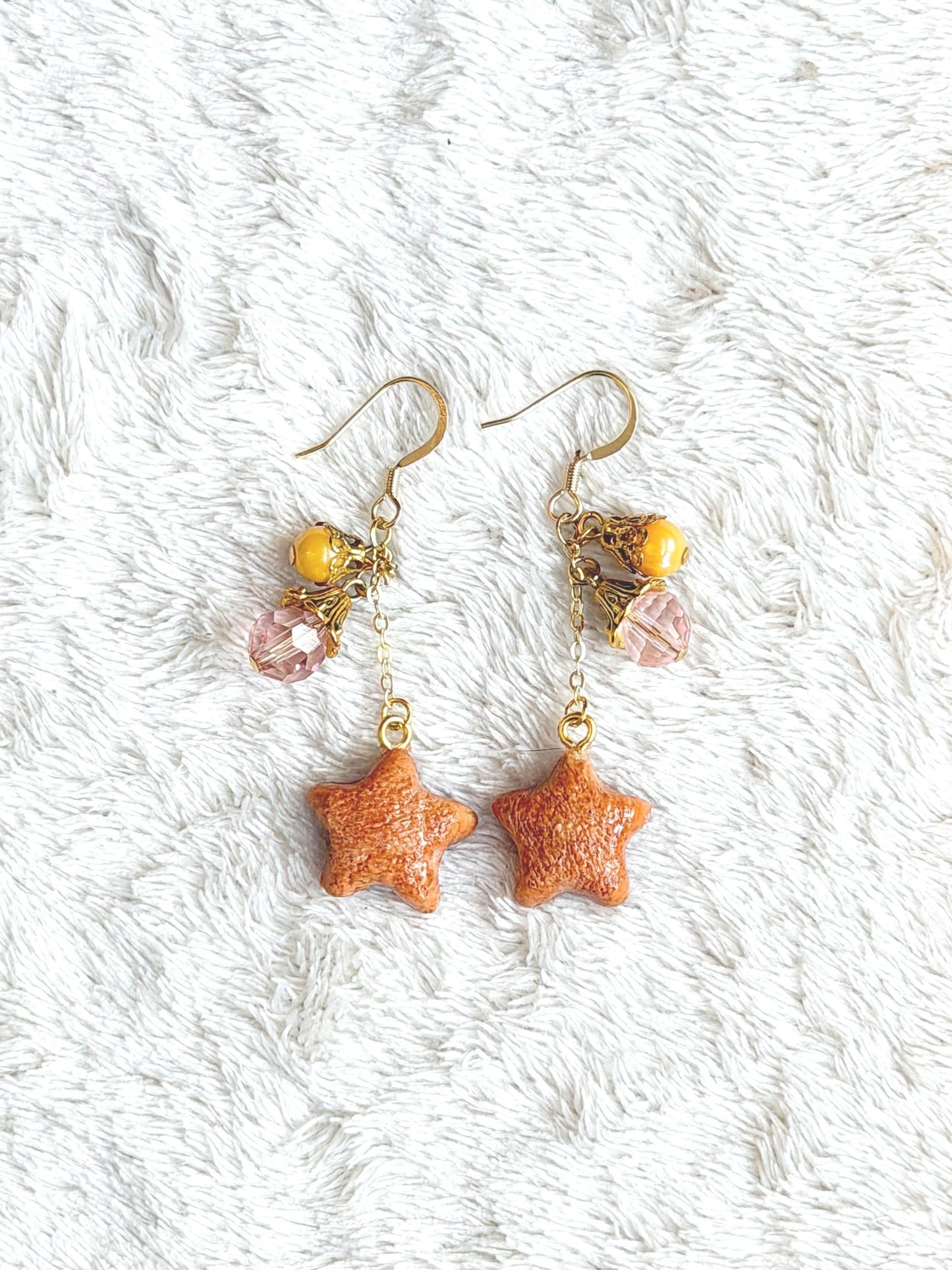 Star Cookie Dangle Earrings with Elegant Faceted Beads 14k gold plated