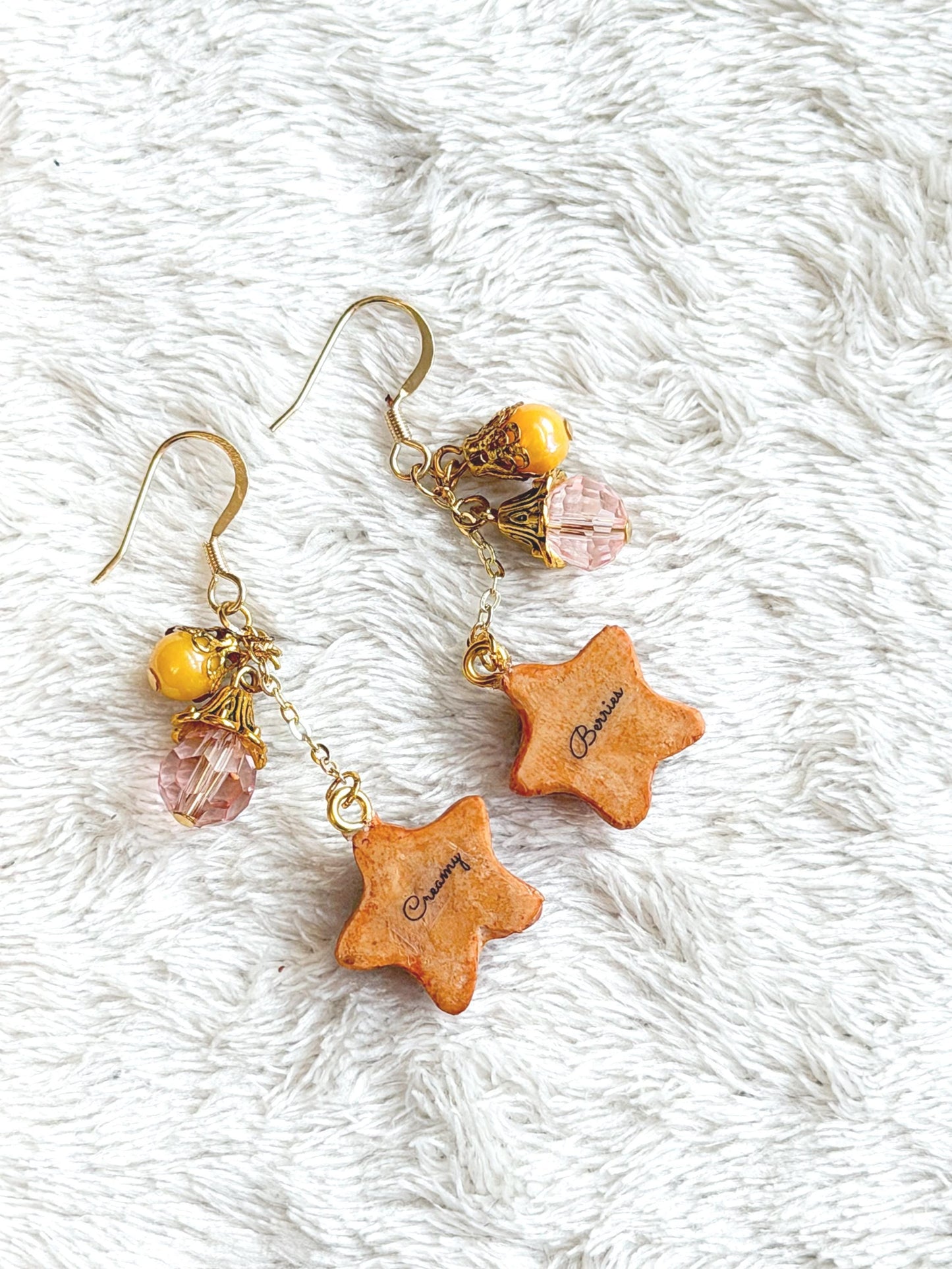 Star Cookie Dangle Earrings with Elegant Faceted Beads 14k gold plated