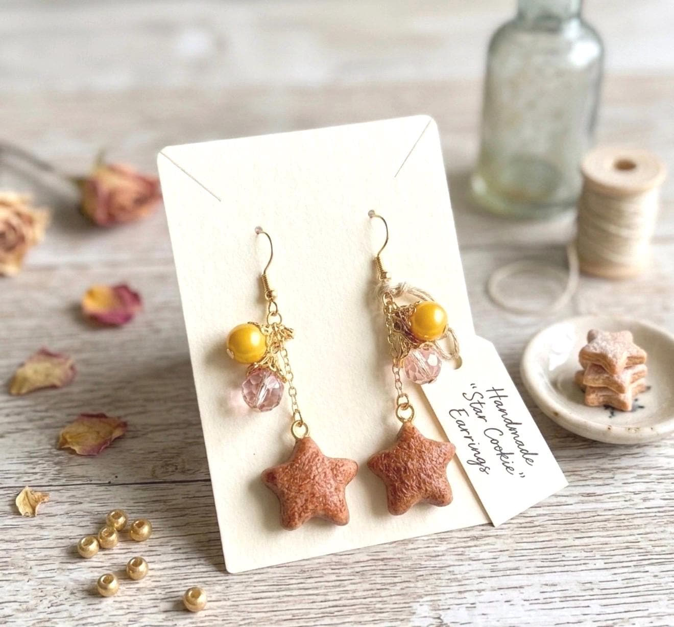 Star Cookie Dangle Earrings with Elegant Faceted Beads 14k gold plated