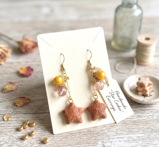 Star Cookie Dangle Earrings with Elegant Faceted Beads 14k gold plated