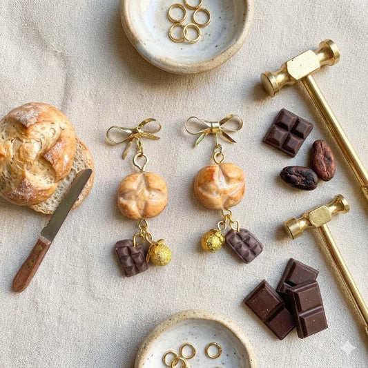 Artisan Boule Bread and Chocolate Dangle Earrings 4k gold plated